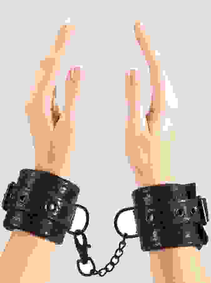 Bondage Boutique Black Rose Faux Fur Lined Wrist Cuffs, Black, hi-res